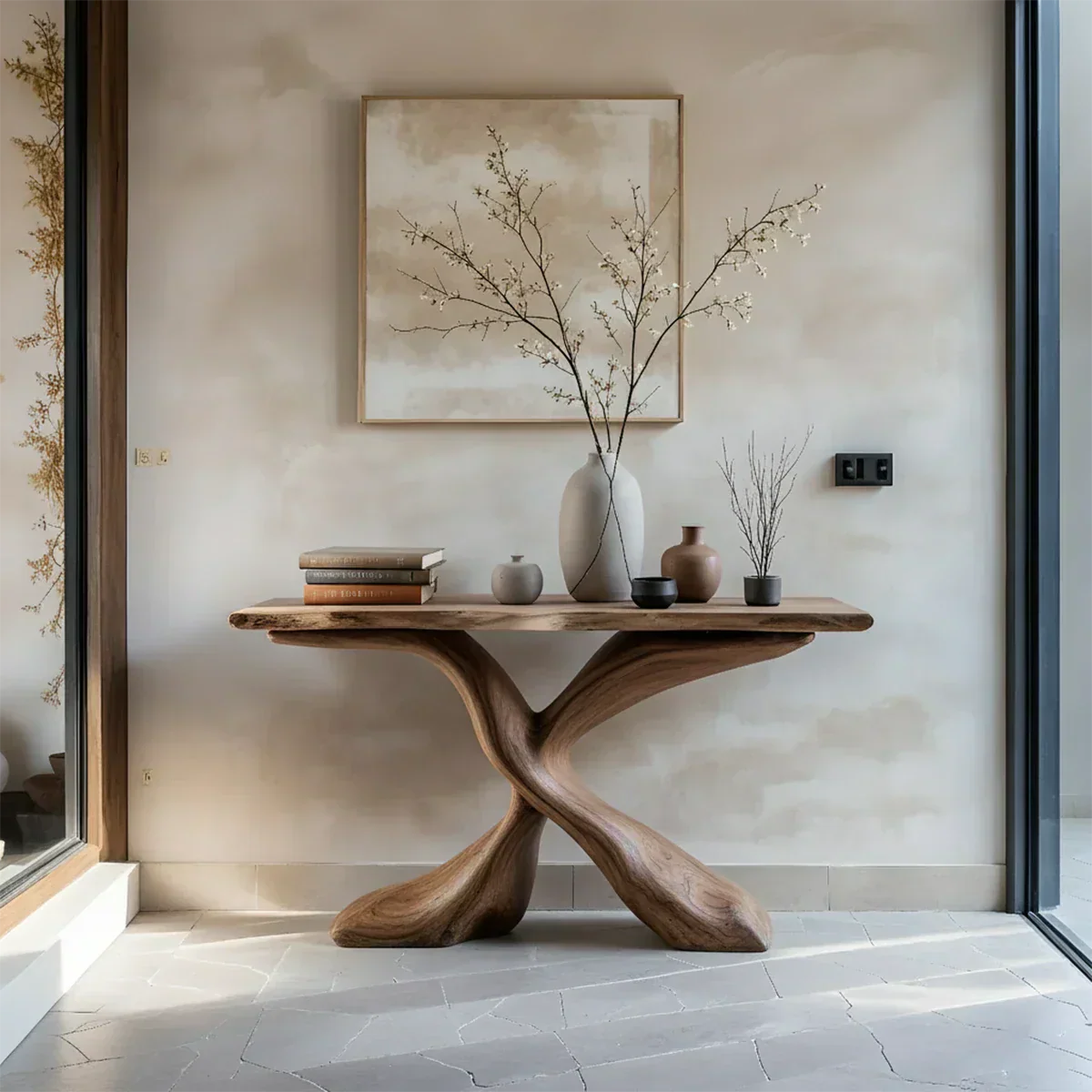 Hand-Carved X-Base Solid Wood Console Table — Organic Modern Art Furniture - Rustira
