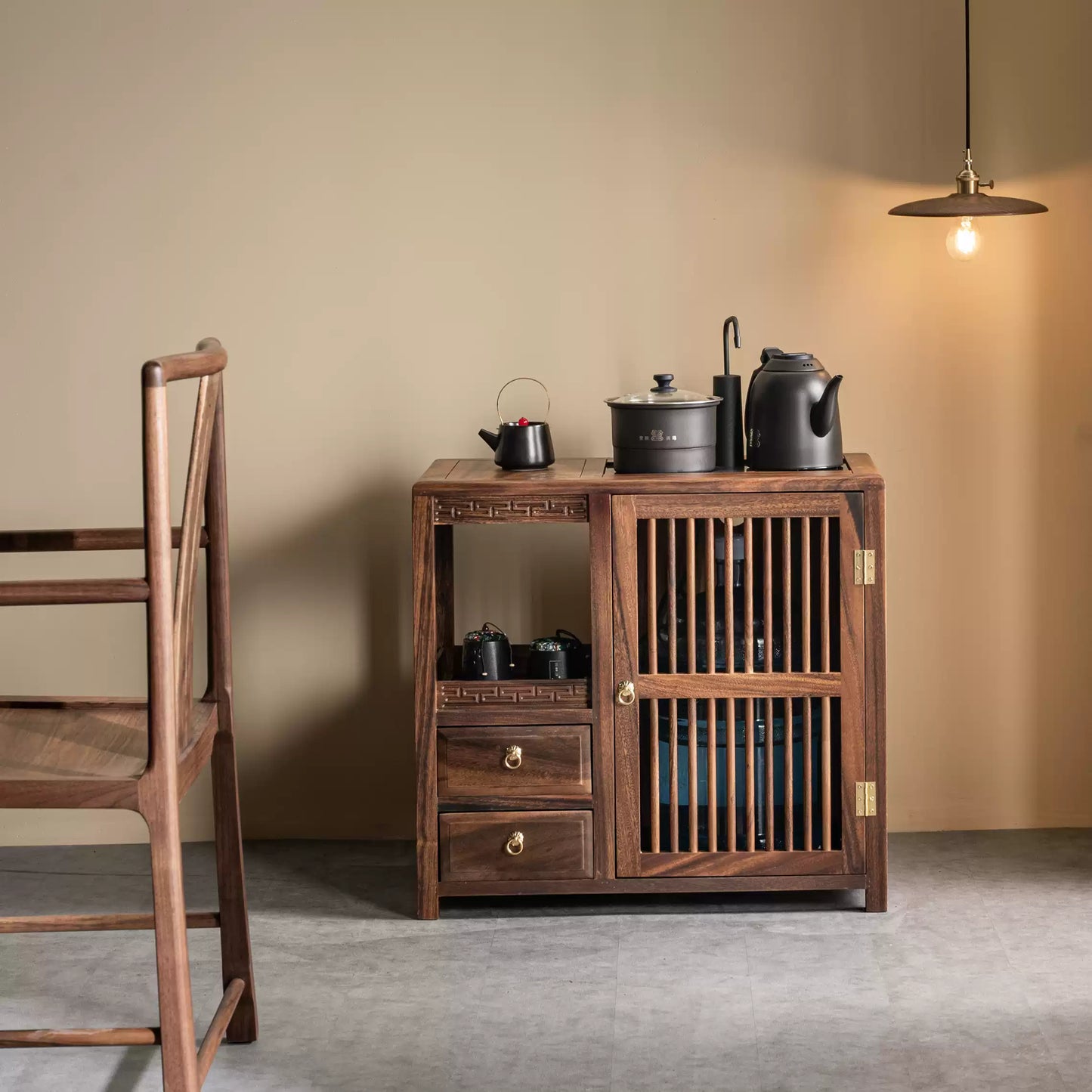 Solid Wood Tea Cabinet – Traditional Storage with Sliding Doors - Rustira