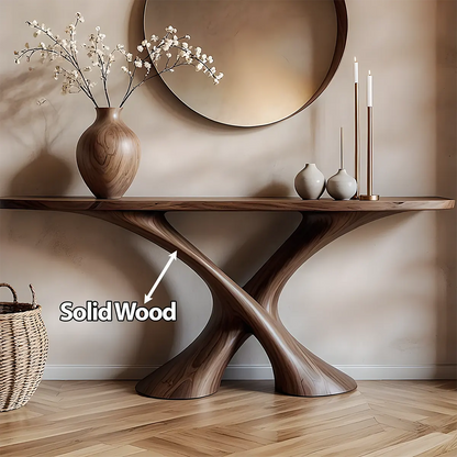 Cross Wave Walnut Console Table – Sculptural Wood Art - Rustira