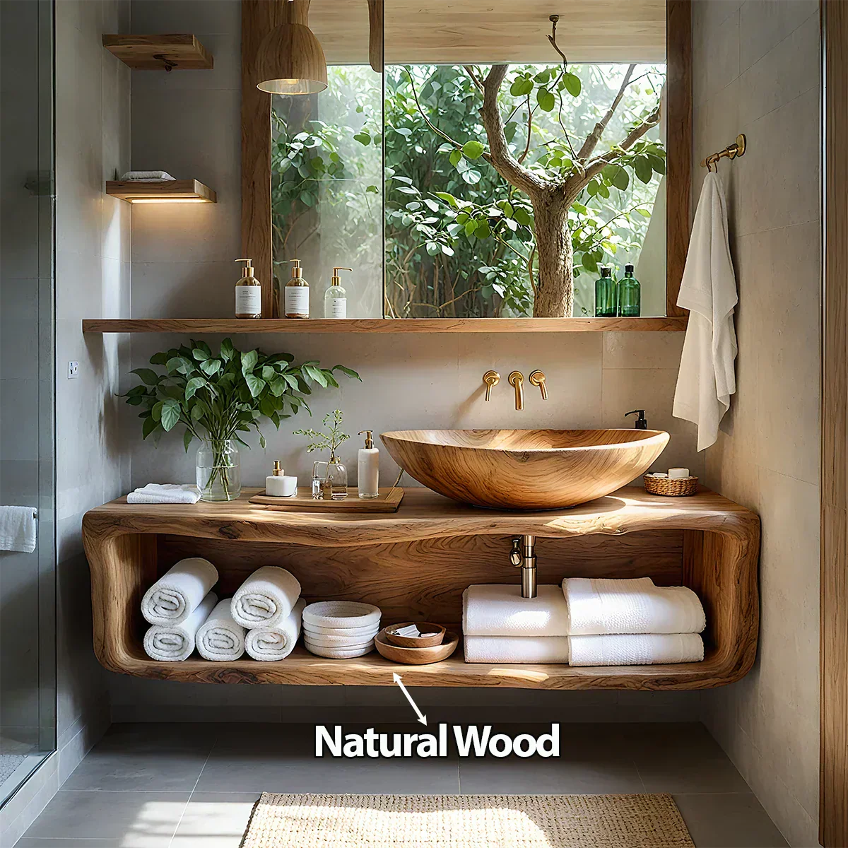 Curved Solid Wood Floating Vanity – Organic Spa Bathroom Console - Rustira