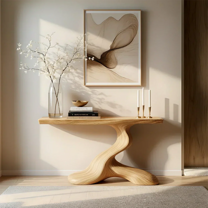 Dark Sculptural Solid Wood Console — Organic Japandi Entry Table - Rustira