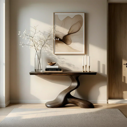 Dark Sculptural Solid Wood Console — Organic Japandi Entry Table - Rustira