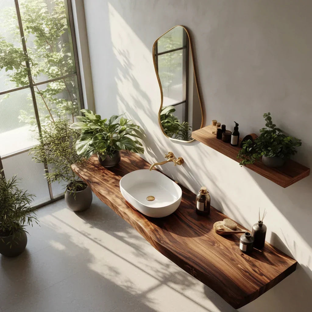 Farmhouse Solid Wood Live Edge Bathroom Vanity with Floating Shelf - Rustira