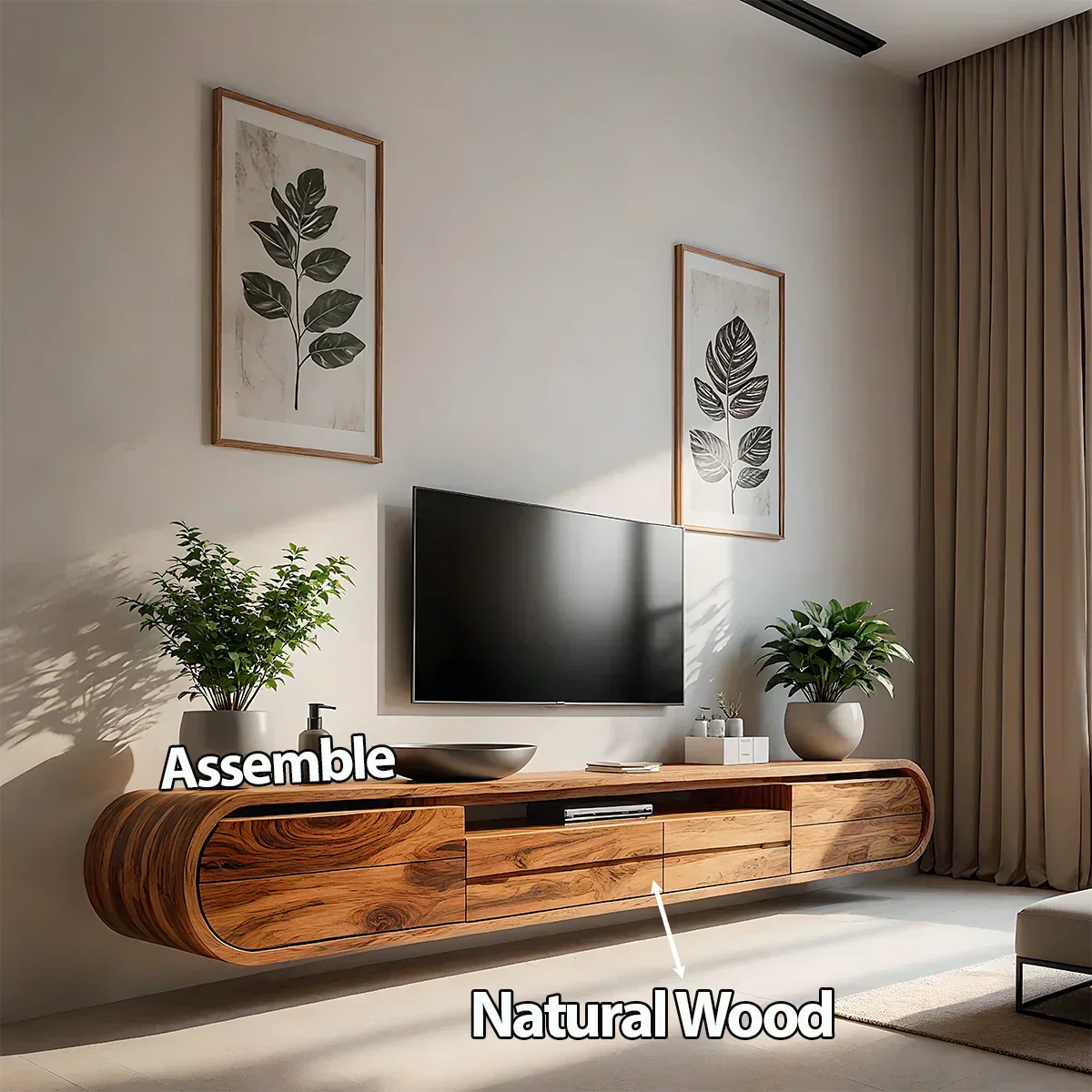 Floating Curved Edge Walnut TV Console — Organic Minimal Design - Rustira