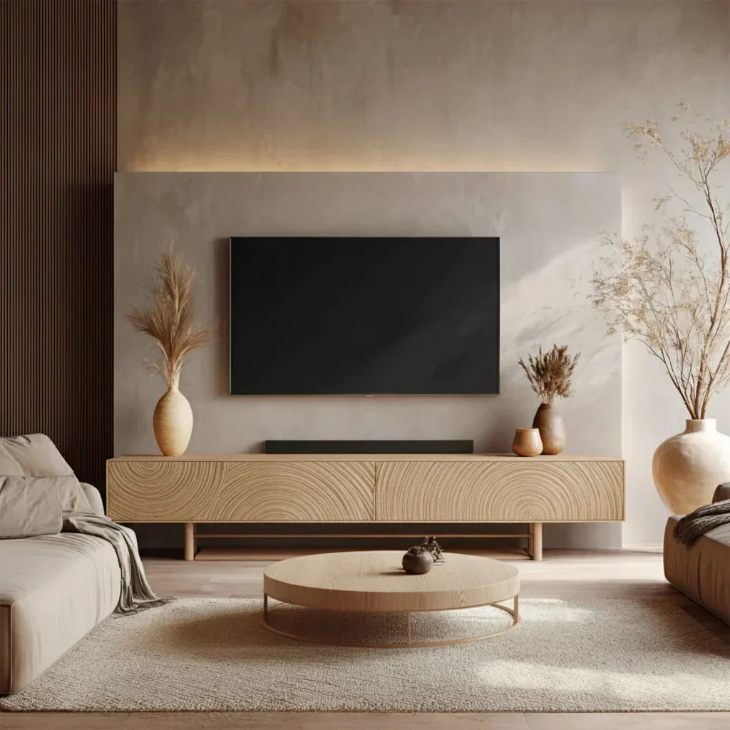Golden Spiral-Carved Solid Wood TV Stand – Luxury Organic Console - Rustira