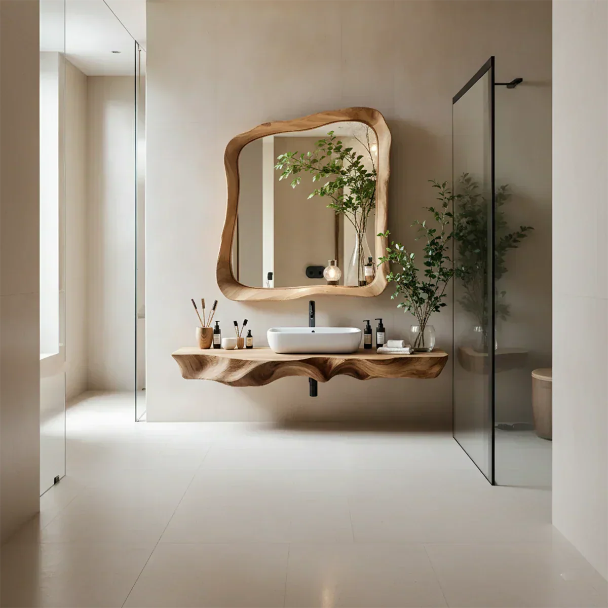Handcrafted Live Edge Floating Bathroom Vanity Shelf With Mirror Frame - Rustira
