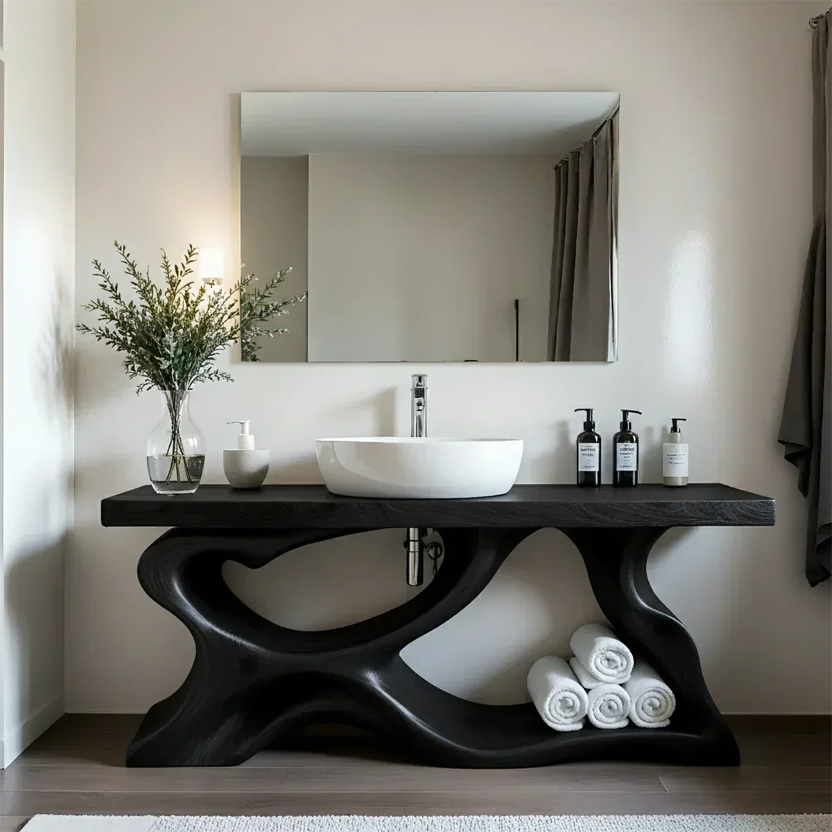 Handcrafted Solid Wood Vanity with Organic Curved Base - Rustira