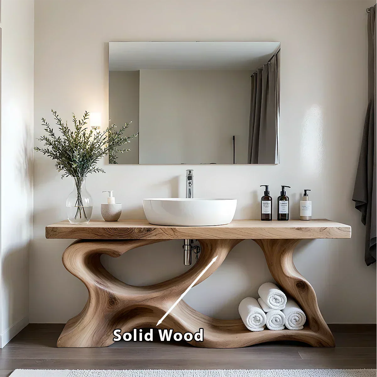 Handcrafted Solid Wood Vanity with Organic Curved Base - Rustira
