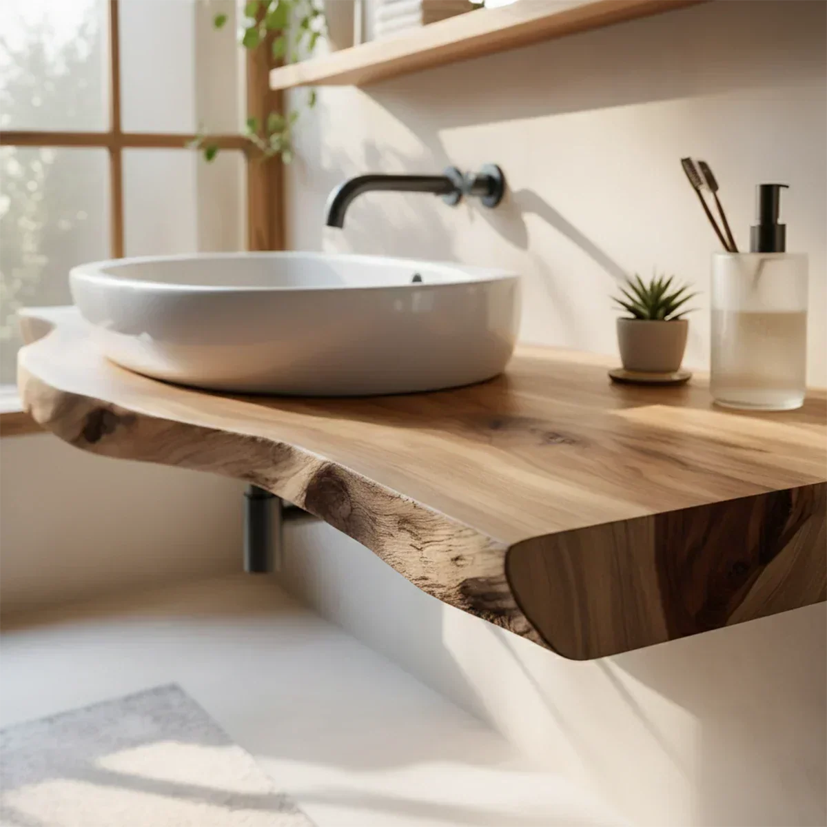 Live Edge Floating Wood Bathroom Vanity Shelf – Natural Solid Wood - Rustira
