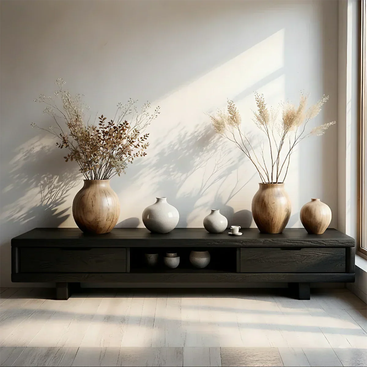 Low Solid Wood Japandi TV Stand – Minimal Zen Media Console - Rustira