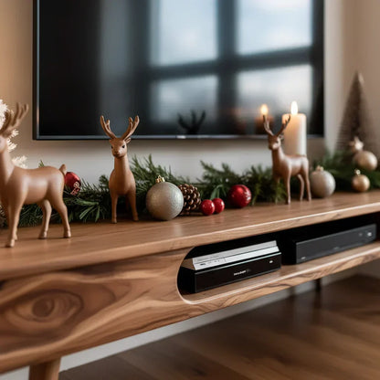 Mid-Century Solid Wood TV Stand with Rounded Corners & Storage Slot - Rustira