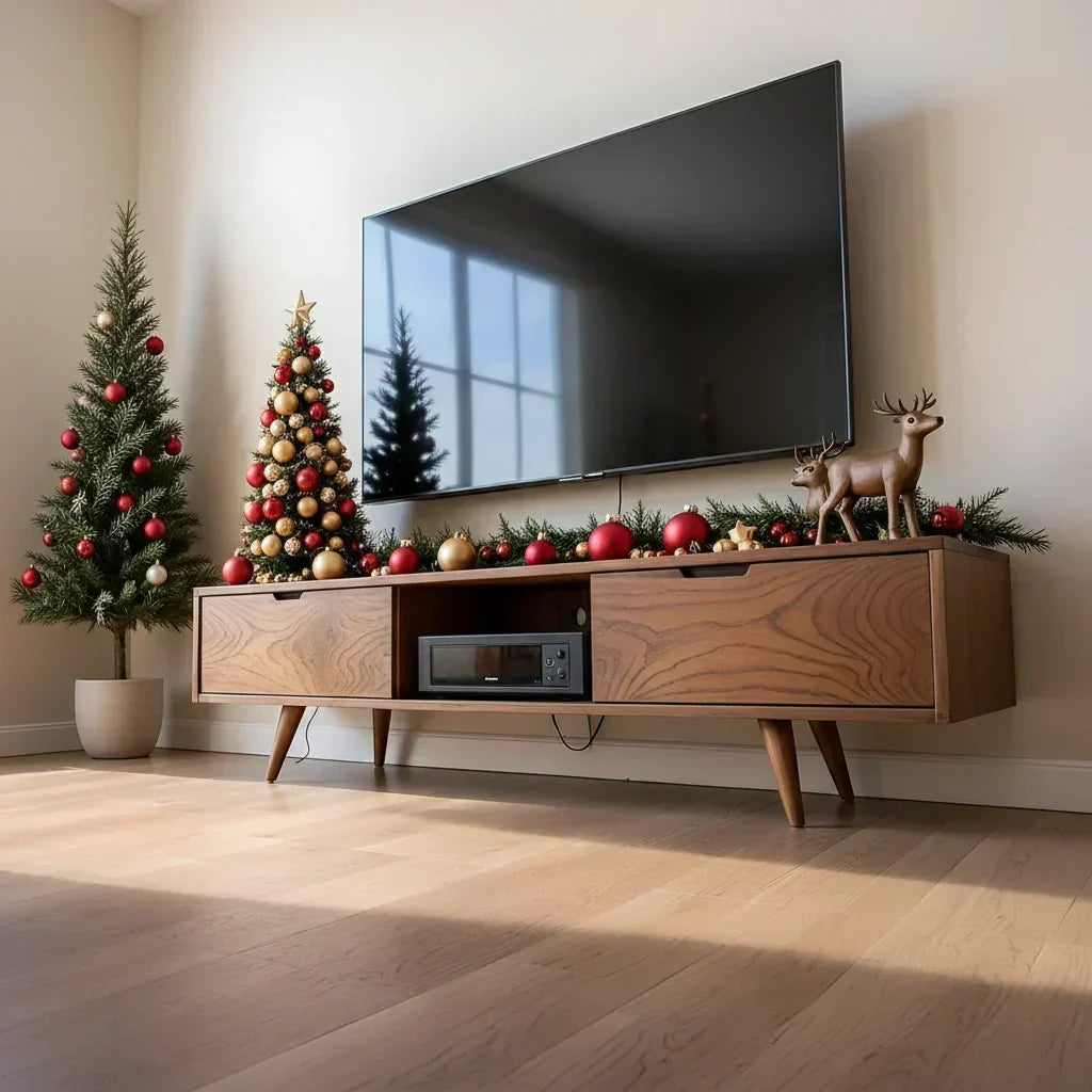 Mid-Century Solid Wood TV Stand with Tapered Legs & Storage Drawers - Rustira