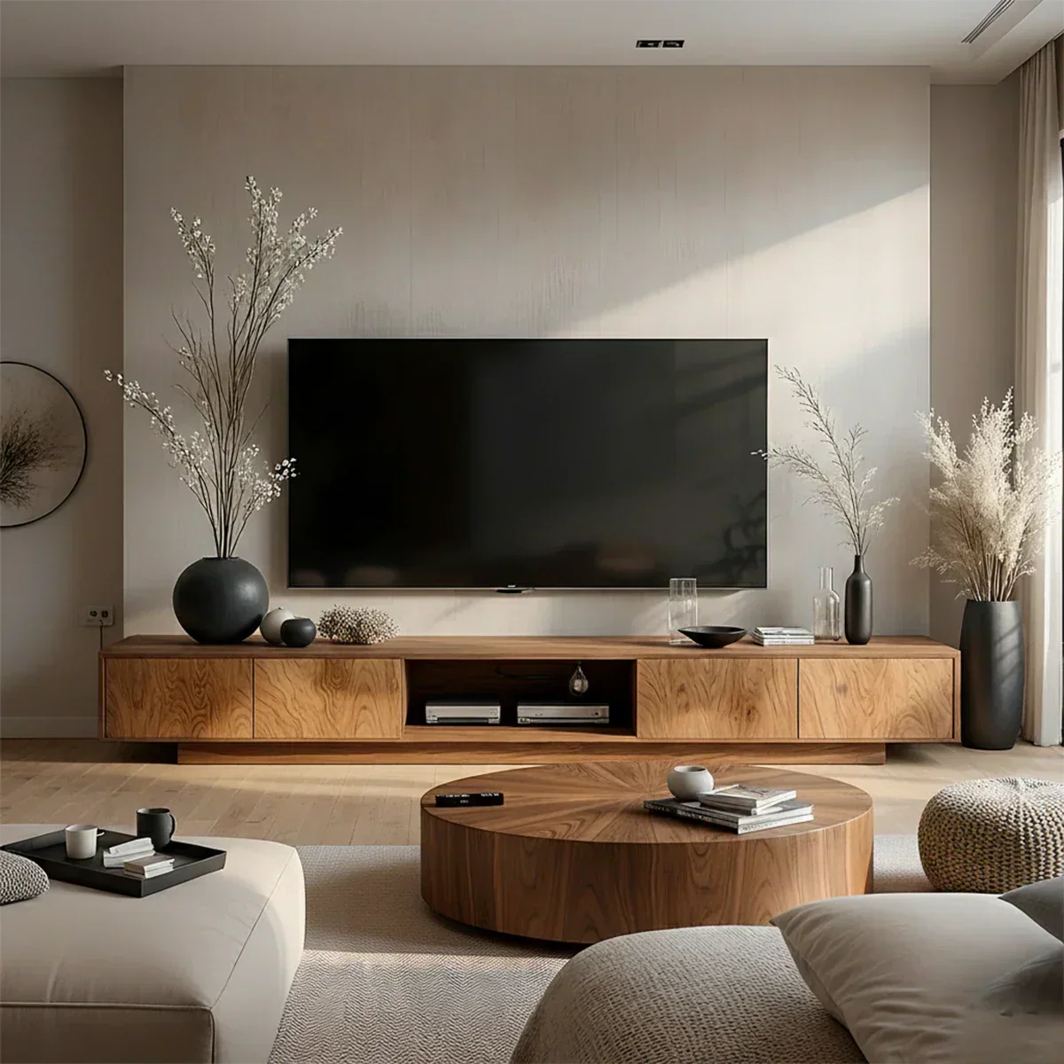 Minimalist Solid Wood Japandi TV Stand with Soft Grain & Open Shelf - Rustira