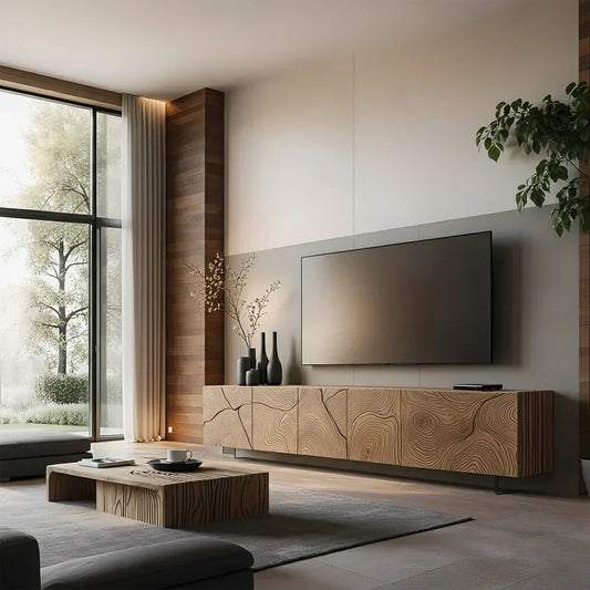 Modern Hand-Carved Solid Wood TV Console & Coffee Table Set – Organic Line Art - Rustira