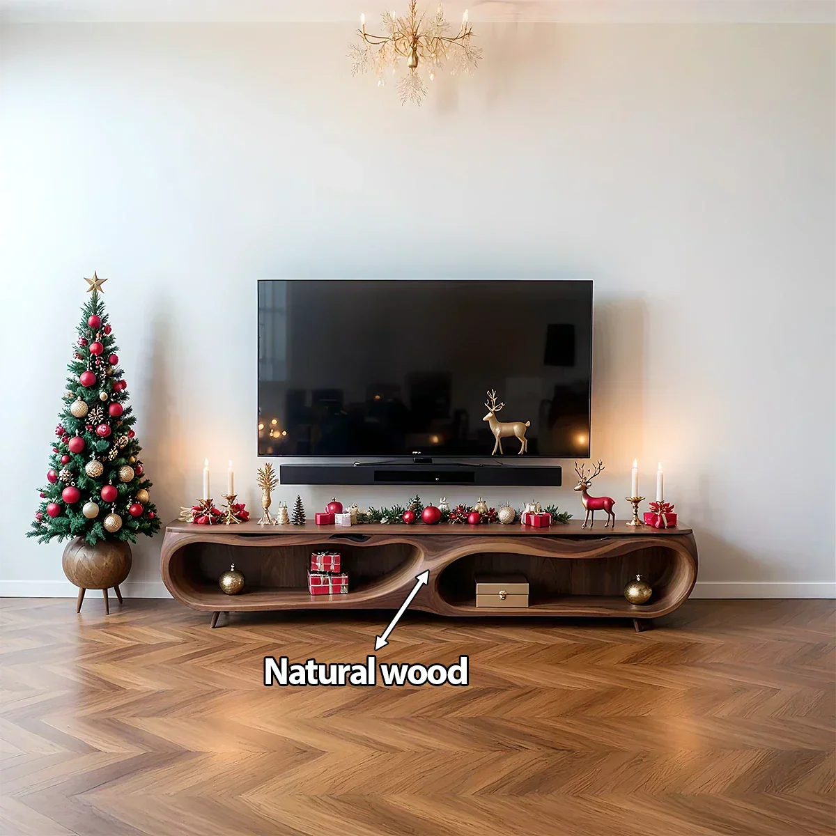 Modern Organic Solid Wood TV Stand with Sculptural Curved Design - Rustira