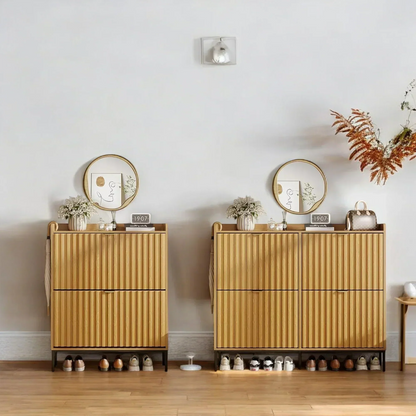 Modern Wood Grain Shoe Cabinet with Flip Drawers & Open Shelf