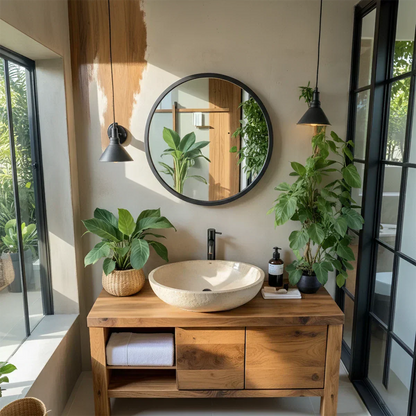 Natural Solid Wood Vanity with Open Shelf & Smooth Grain Doors - Rustira