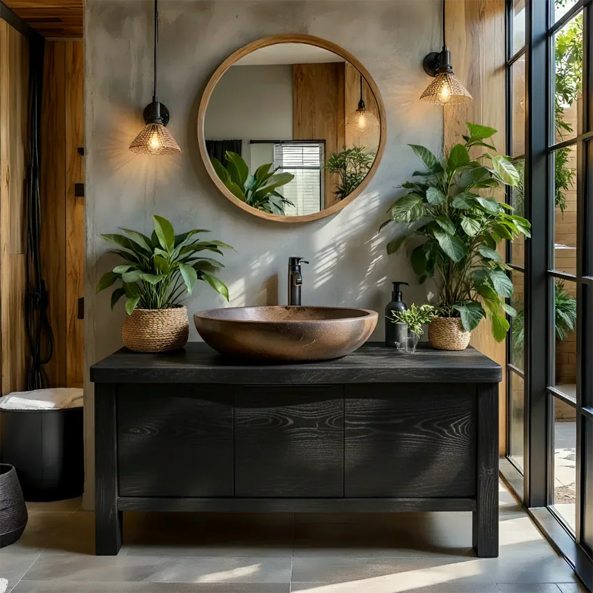 Natural Solid Wood Vanity with Smooth-Corner Frame & Center Cabinet - Rustira