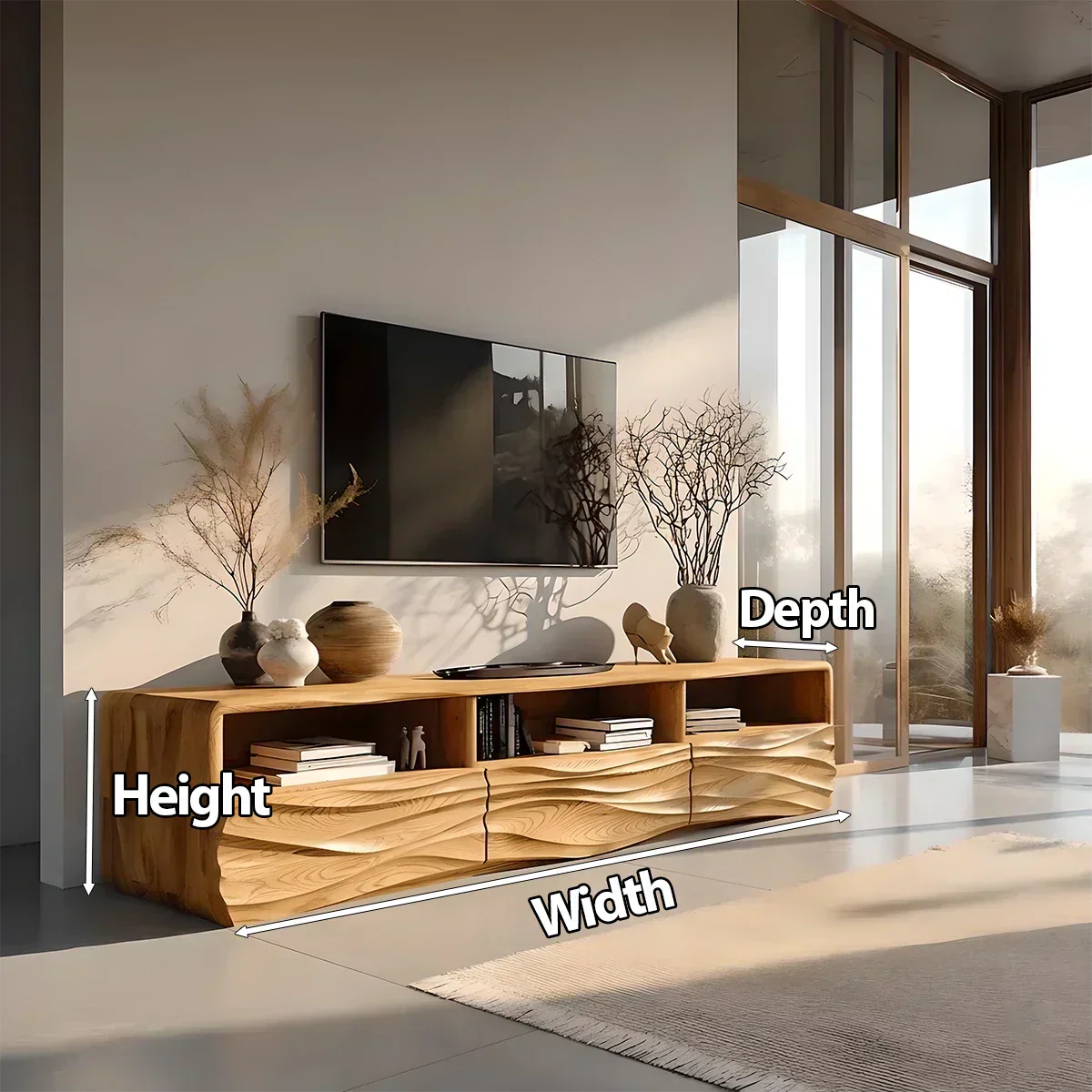 Oak Sculpted TV Stand with Open Shelves – Japandi Media Console - Rustira
