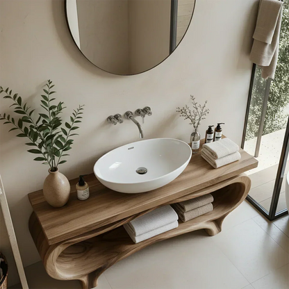 Organic Wave Solid Wood Vanity – Sculpted Open Shelf Spa Console - Rustira