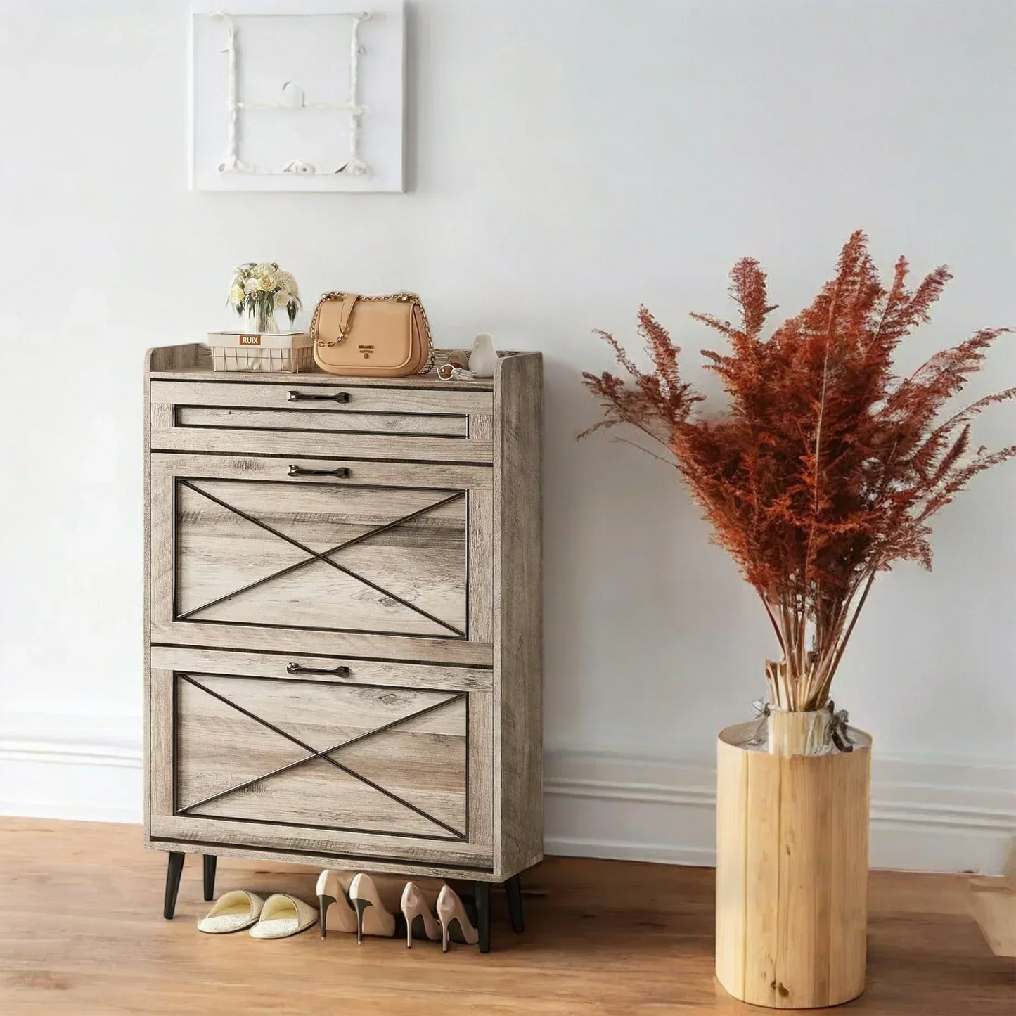 Rustic Slim Shoe Cabinet with Drawer – 3 Flip Tiers, Space-Saving