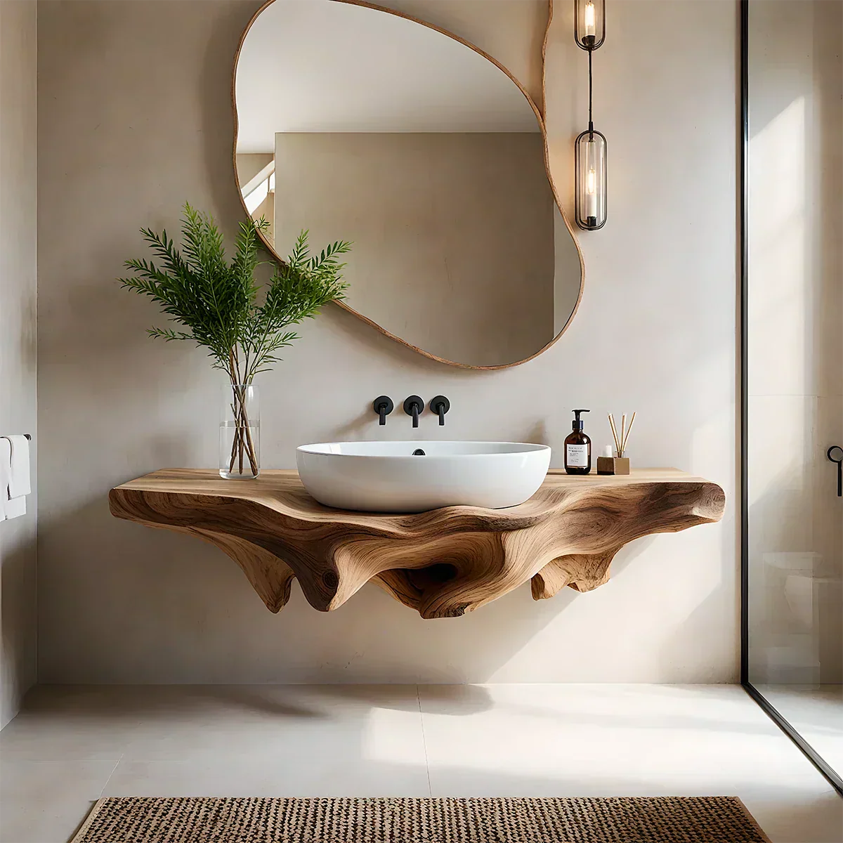 Sculpted Live Edge Floating Wood Bathroom Vanity Shelf - Rustira