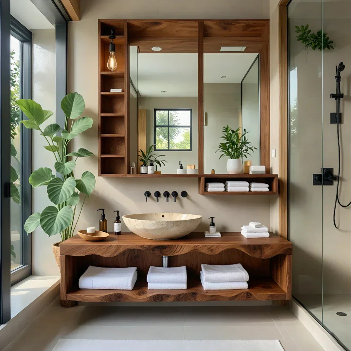 Solid Wood Bathroom Vanity with Open Shelves – Japandi Spa Console - Rustira