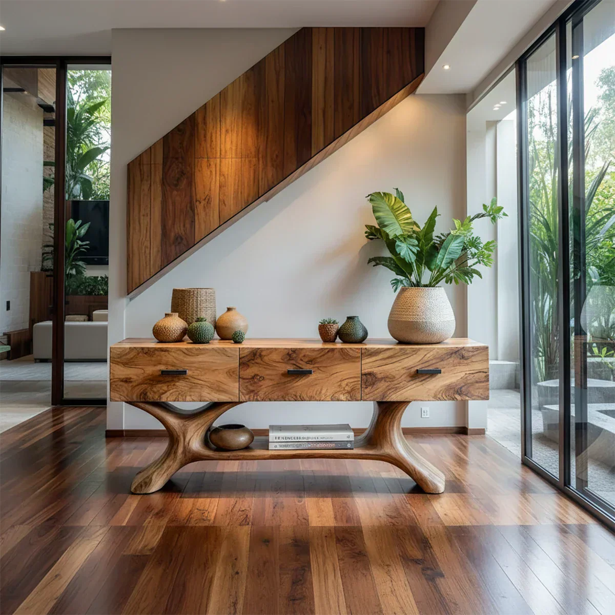 Solid Wood Console Table with Organic Sculptural Base & Drawers - Rustira