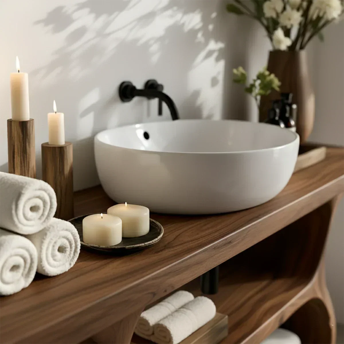 Solid Wood Sculptural Bathroom Vanity with Dual Storage Shelves - Rustira