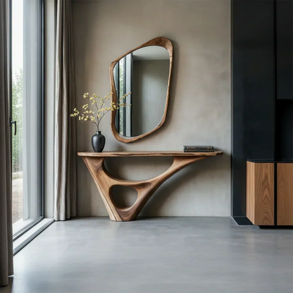 Solid Wood Sculptural Console Table with Fluid Carved Base - Rustira