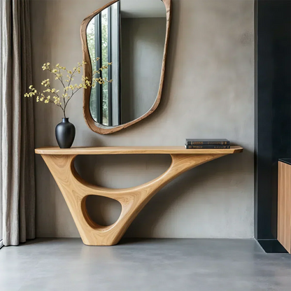 Solid Wood Sculptural Console Table with Fluid Carved Base - Rustira