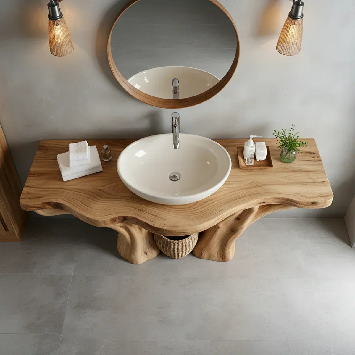 Solid Wood Tree-Form Bathroom Vanity – Natural Live-Edge Countertop - Rustira
