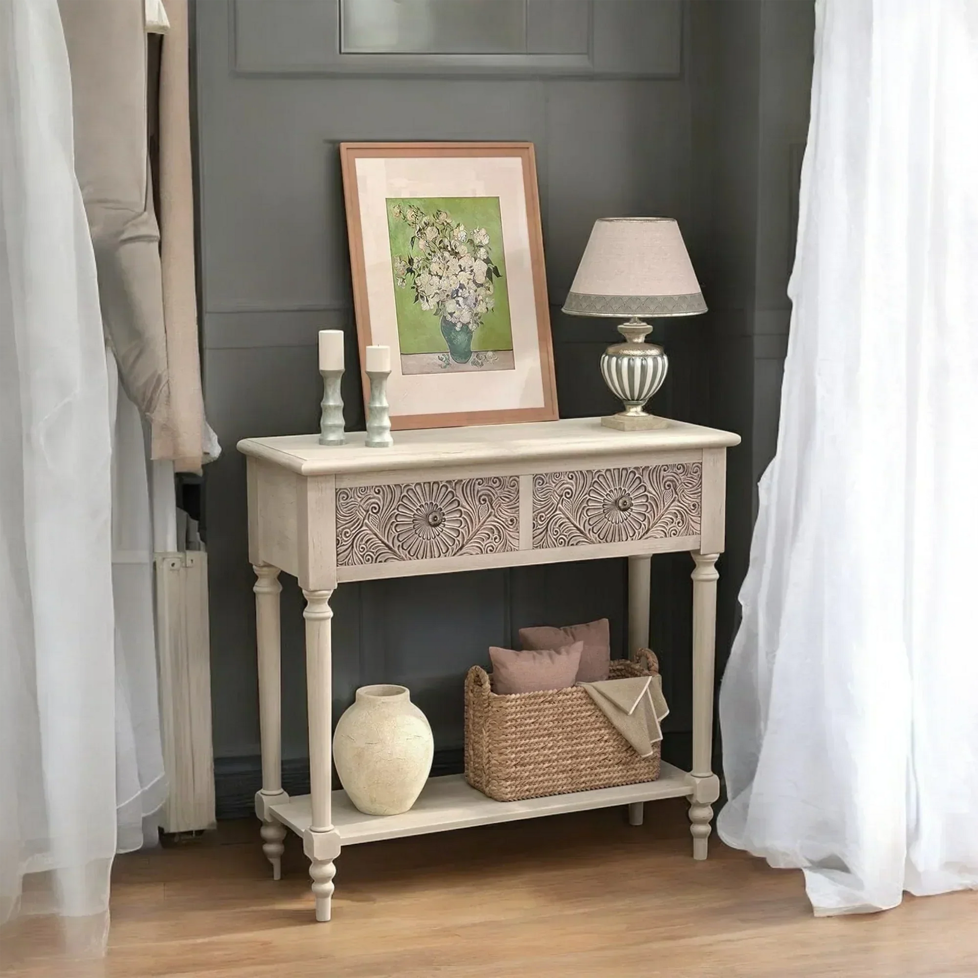 Vintage Carved Console Table with Floral Drawers and Bottom Shelf