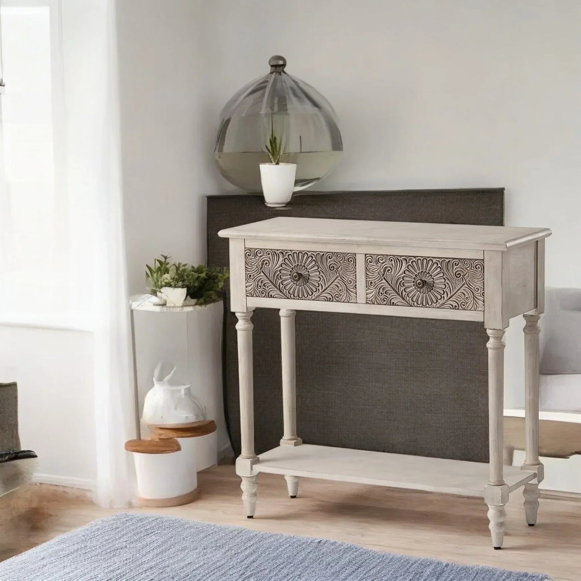 Vintage Carved Console Table with Floral Drawers and Bottom Shelf