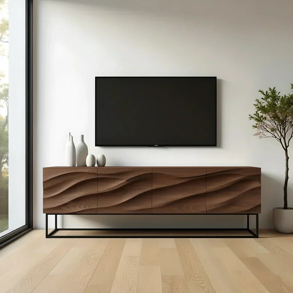 Wave-Carved Scandinavian Solid Wood TV Console – Natural Oak Finish - Rustira